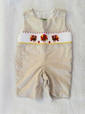 Classic Whimsy Tan and White Gingham Smocked Turkey Romper